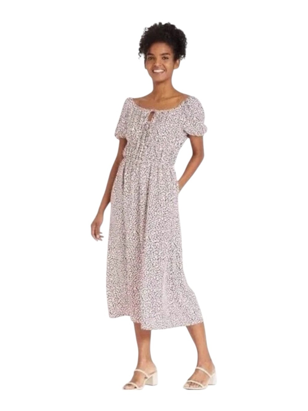 Who What Wear Floral Puff Sleeve Midi Dress Cream Black Size M